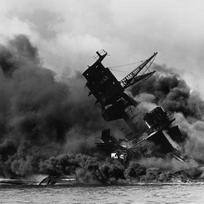 USS Arizona sinking after being attacked by the Japanese Imperial Fleet in a sneak attack on Pearl Harbor on December 7th 1941.